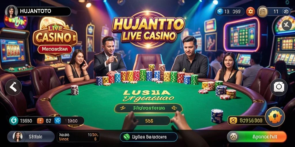 Tampilan gameplay HUJANTOTO dengan dealer profesional di meja permainan.
