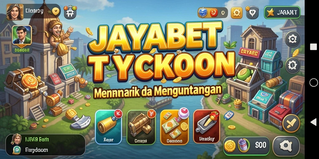 Tampilan menarik dari permainan Tycoon JAYABET dengan berbagai bisnis yang dikelola.