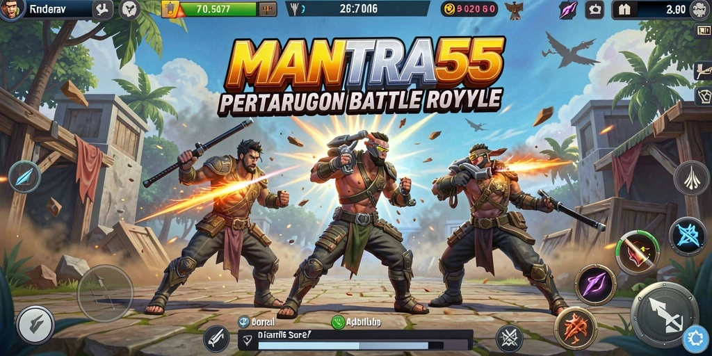 Tampilan seru gameplay Battle Royale di MANTRA55 dengan pertempuran yang mendebarkan.