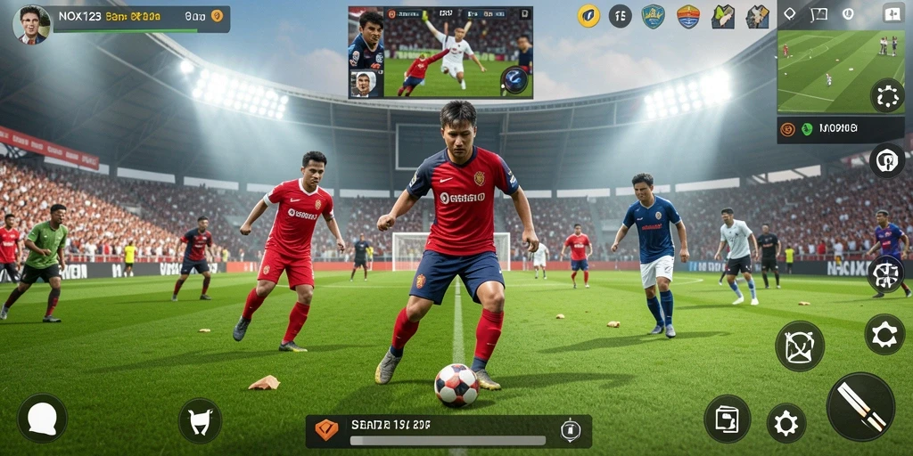 Gameplay NOX123 yang menampilkan aksi sepak bola yang seru dan mendebarkan.