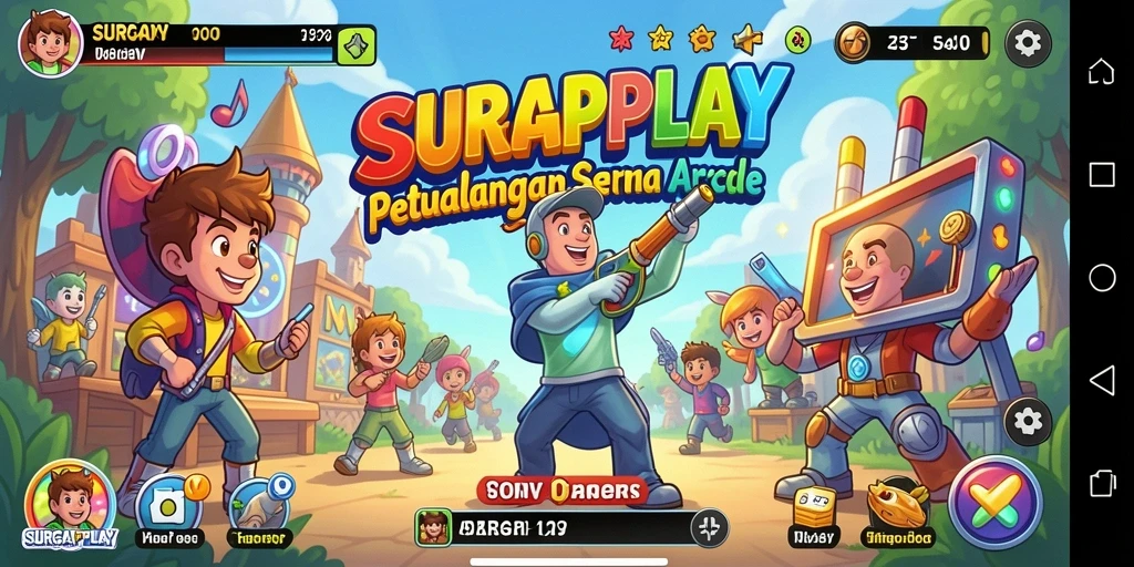 Tampilan gameplay SURGAPLAY yang penuh aksi dan warna-warni.